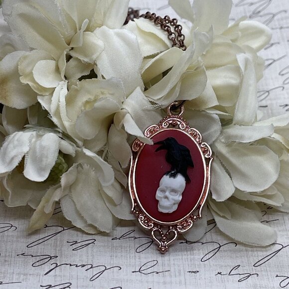 ROSE Gold Red Gothic Crow Raven Rose Skull Wedding Party Jewelry necklace Cameo - Picture 5 of 11